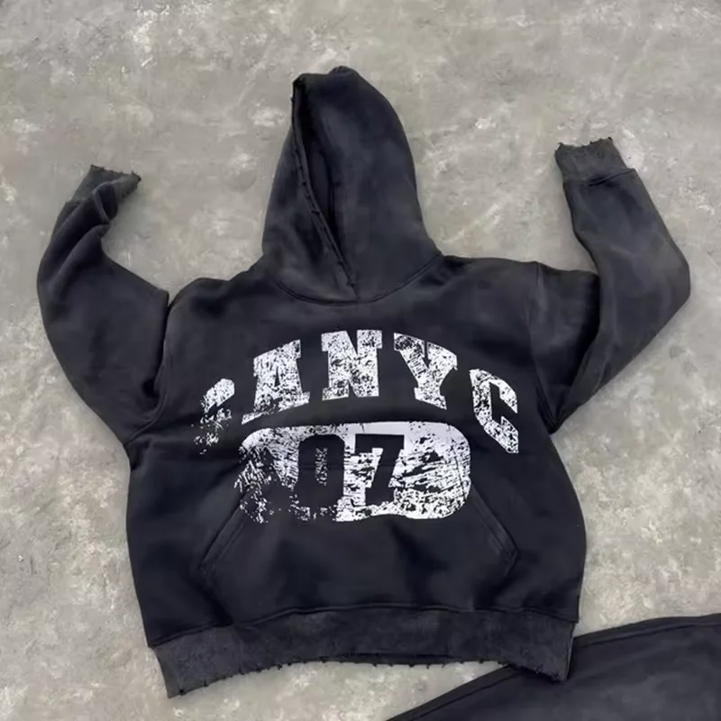 Logo Distressed Embroidery Patchwork Sun Faded Vintage Hoddie Set Cotton Manufacturer Custom