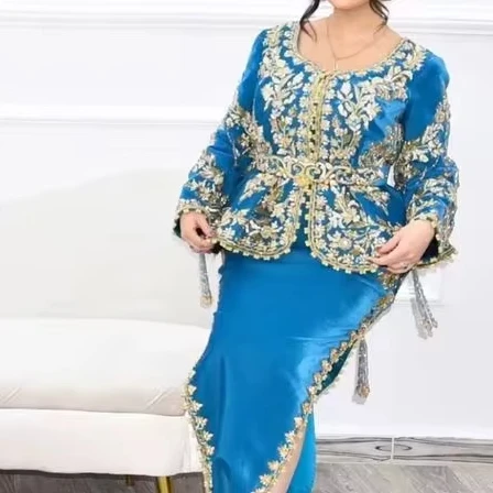 NEW--DAZZLING ZARI EMBROIDERY ON BLUE JACKET & KARAKOU DRESS WITH EMBELLISHED CRYSTAL GLASS BEADS,STONE,PEARLS,DABKA WORK = 2024
