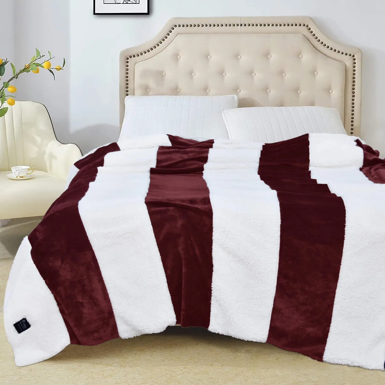 Ultra Soft Striped Fleece & Sherpa Blankets in Deep Red Luxury All-Season New Design Customizable Throws King Queen Double Sizes