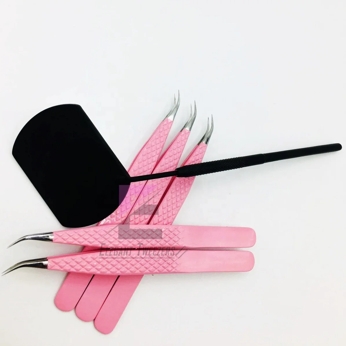 Pink Powder Coated With Sliver Tips Diamond Grip Eyelash Extension Tweezers Stainless Steel Custom Brand Name False Eyelashes
