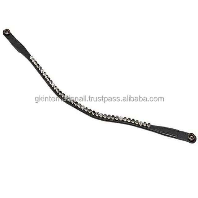 HIGH QUALITY EQUESTRIAN GENUINE LEATHER HORSE BROW BAND  WITH BLACK TRANSPARENT CRYSTAL CHAIN