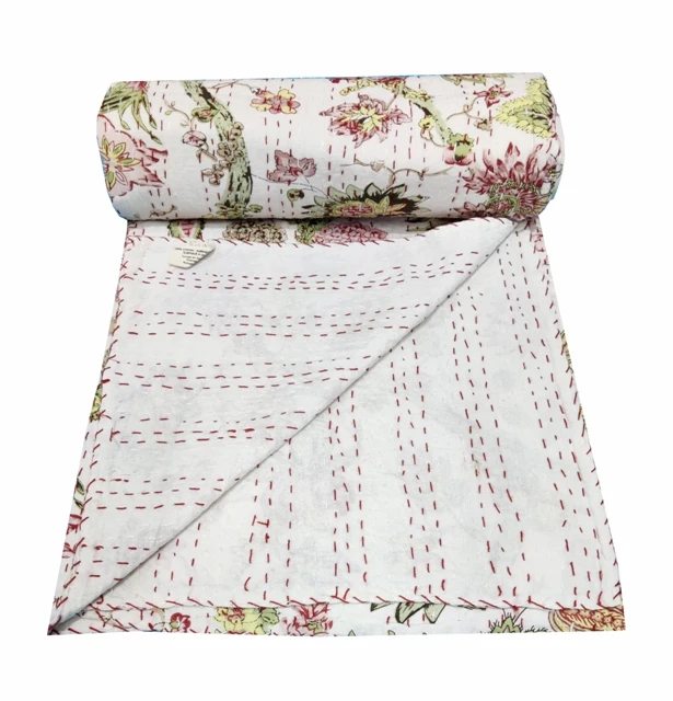 Flower Kantha Hand Block Print Cotton Kantha Quilt Indian Kantha BedCover Handmade Quilt, Kantha Bedspread Twin/Queen/king Size