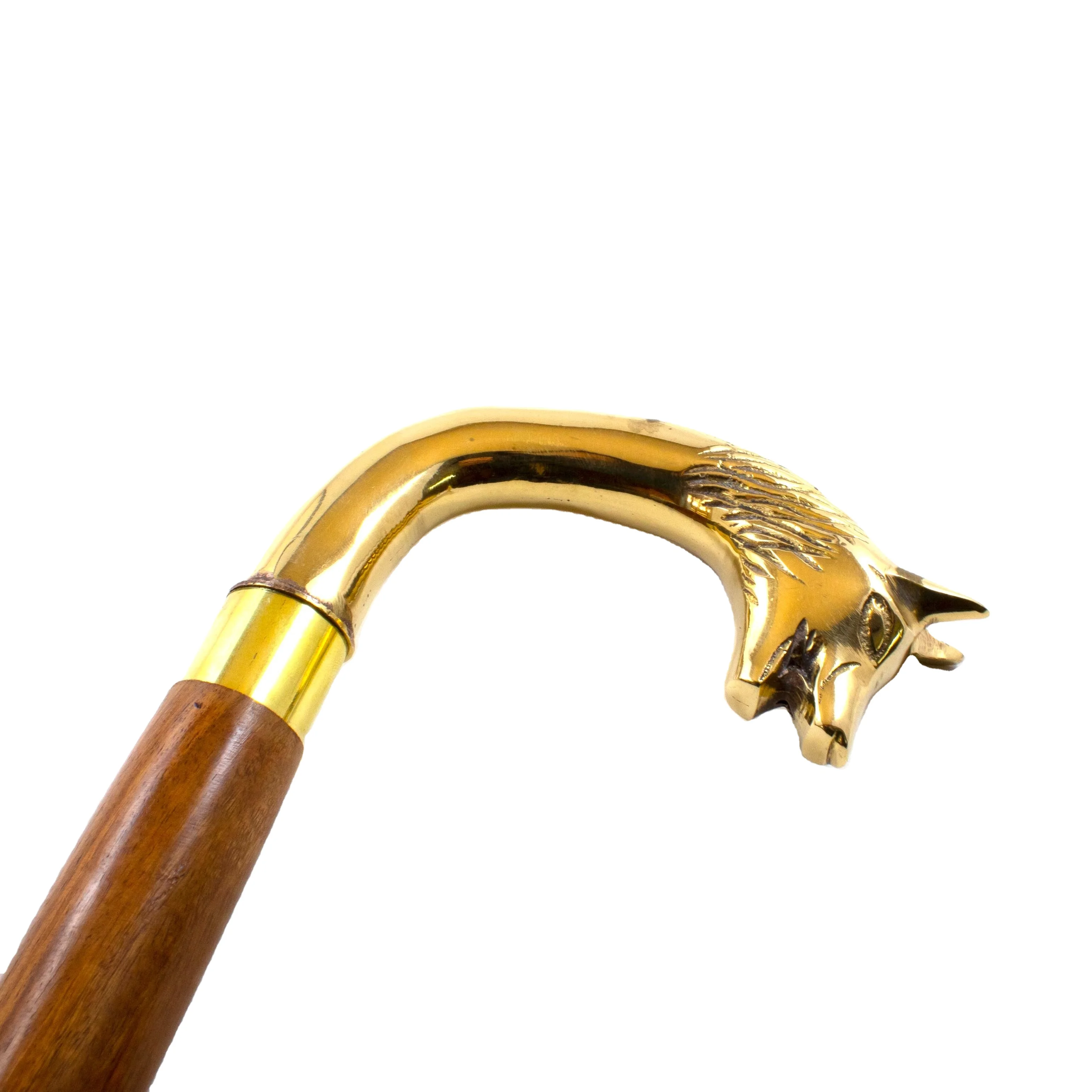 brass knob handle classic handmade carved wooden wolf walking stick polish finished old age men women daily use cane