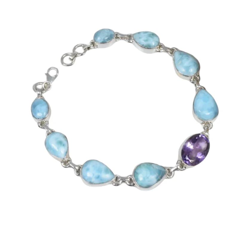Larimar and Amethyst Bracelet handmade 925 sterling Silver jewelry Charm bracelet Gift for her Gemstone Bracelet Silver Jewelry