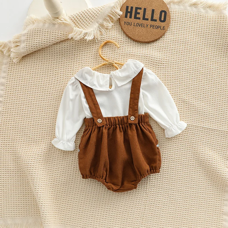 2023 new arrival 100% organic cotton kids corduroy romper overall embroidery flower sleeveless jumpsuit for baby