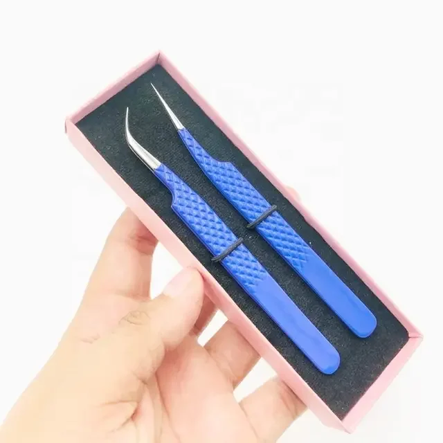 Custom Lash Tweezers Eyelash Tweezers Private Label Strong Curve And Straight Blue Color Fiber Tip Diamond Grip Eyelash Tweezers