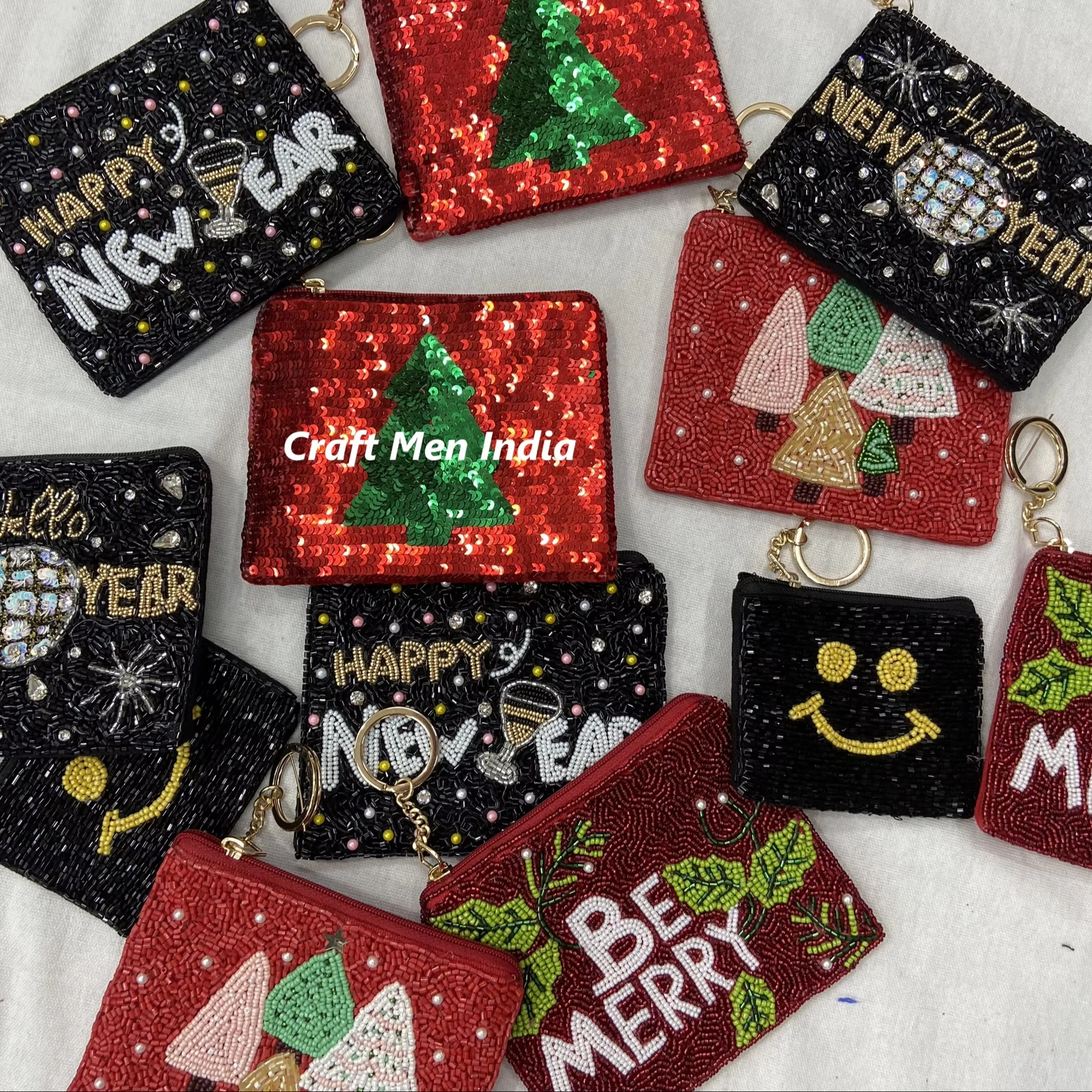 Custom Christmas seed beaded coin purse tree color red seed beaded coin purse snowman merry Christmas, smile and New year pouch