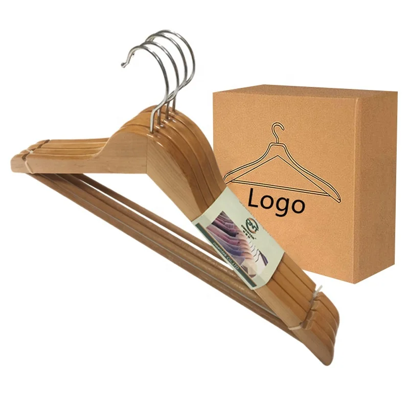 Custom logo Strong Wooden Hangers with Shoulder Grooves Natural wooden hanger 100 Pack hotel hanger