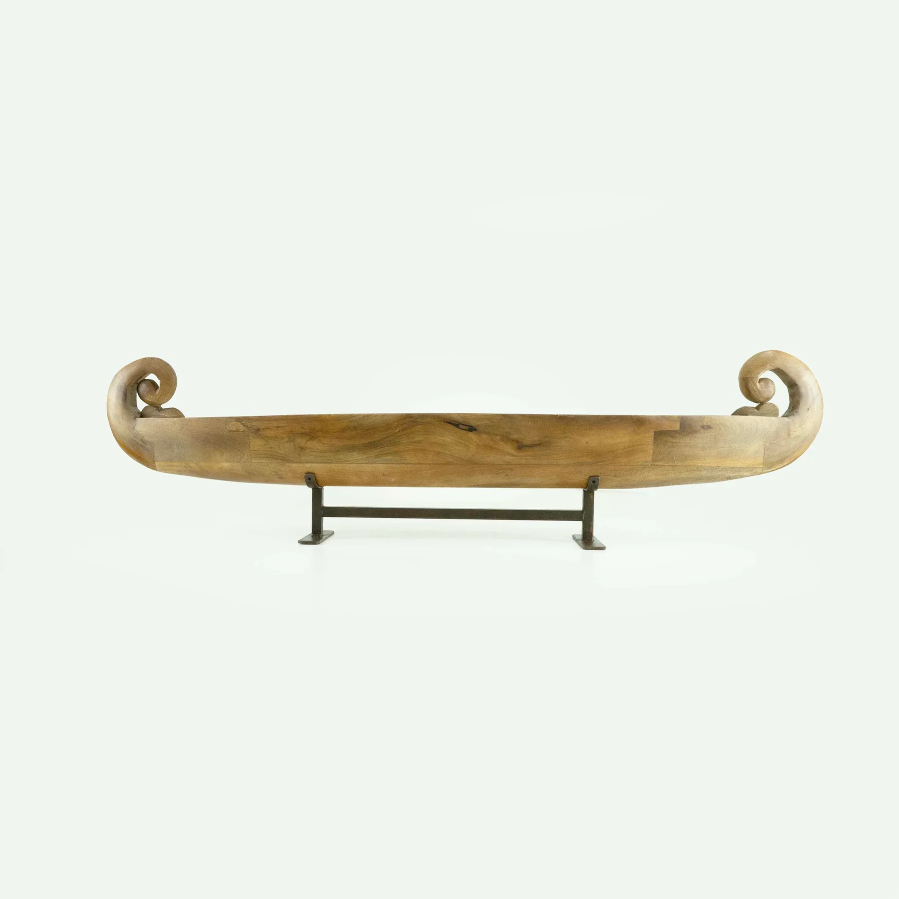 Eco-friendly Modern Wooden Serving Tray Boat Shape with Iron Stand Natural Mango Wood Color for Living Room Kitchen Bedroom