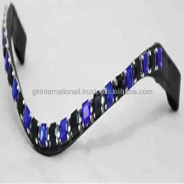 Premium Genuine Real Leather latest trending 15 mm leather horse brow band with 3 row decorative metal crystal chain
