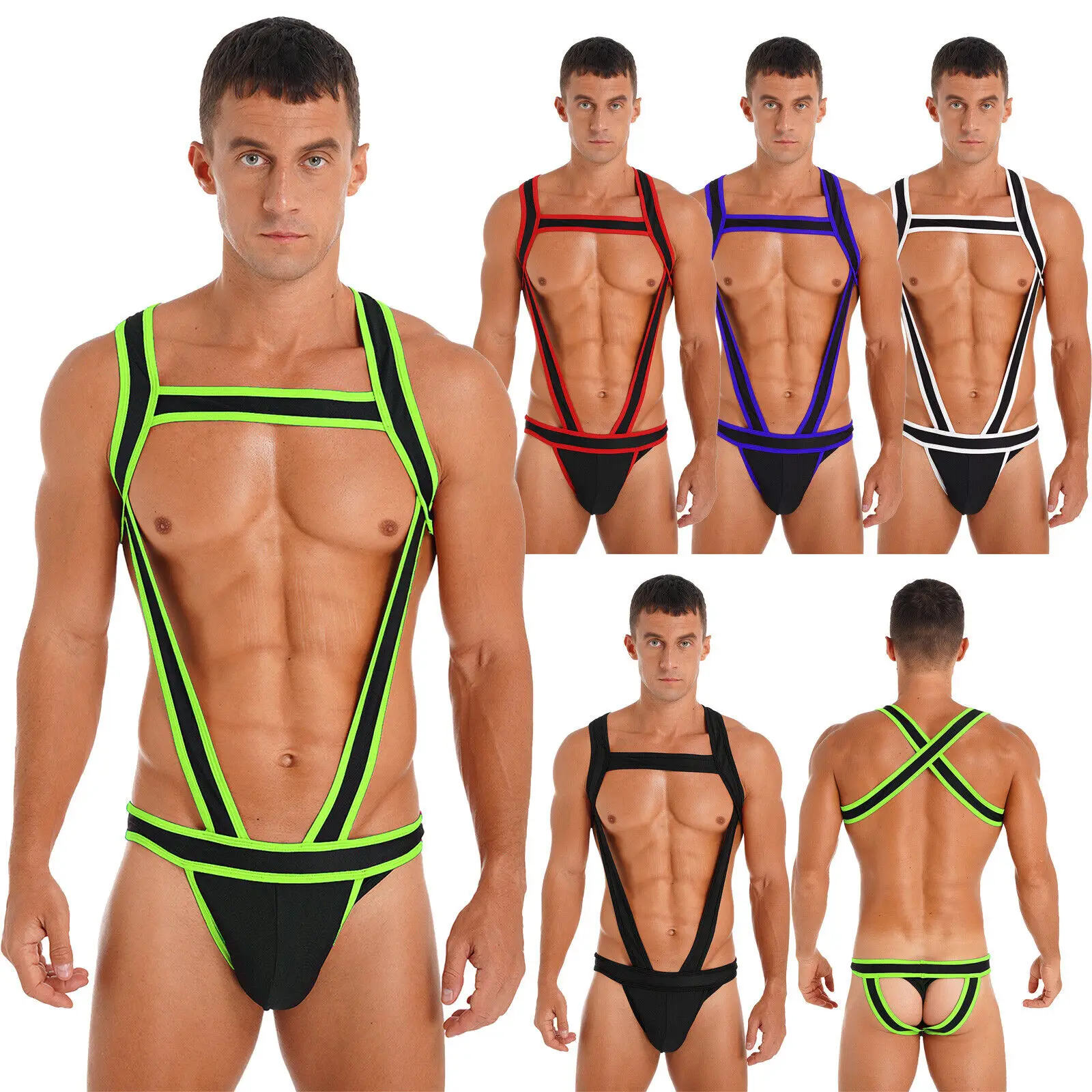 Men leotard stretch jumpsuit bulge pouch jockstrap wrestling singlet bodysuit