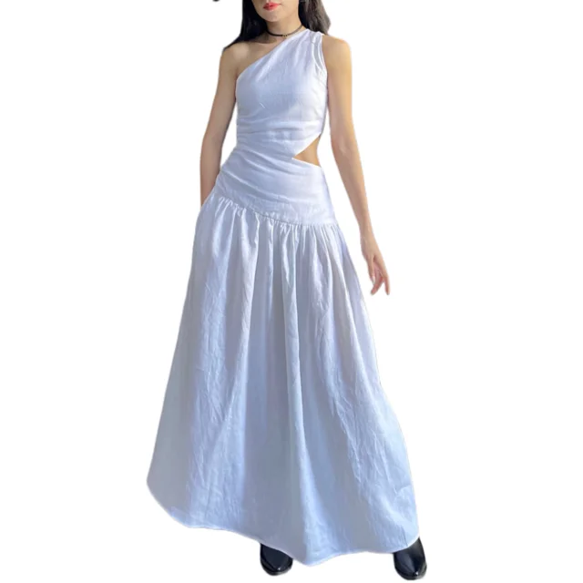 Linen Cotton Clothes Dress For Woman Good Price Casual One-Shoulder Waist Cut Out Fast  Fashionable From Vietnam Manufacturer