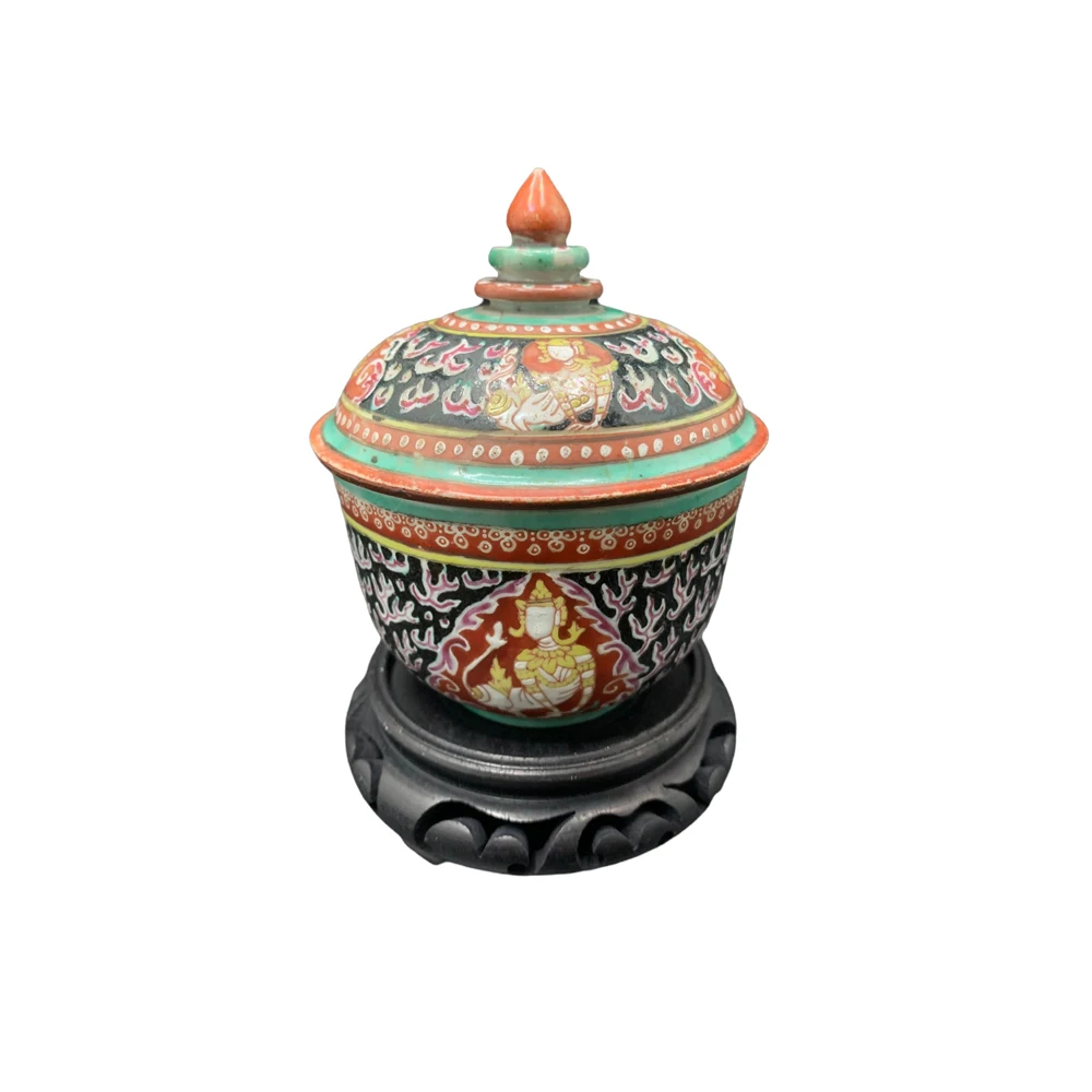 Antique Benjarong ceramic Covered Jar Painted With Theppanom Alter Nathing With Norasingha On Black Ground For Collectible