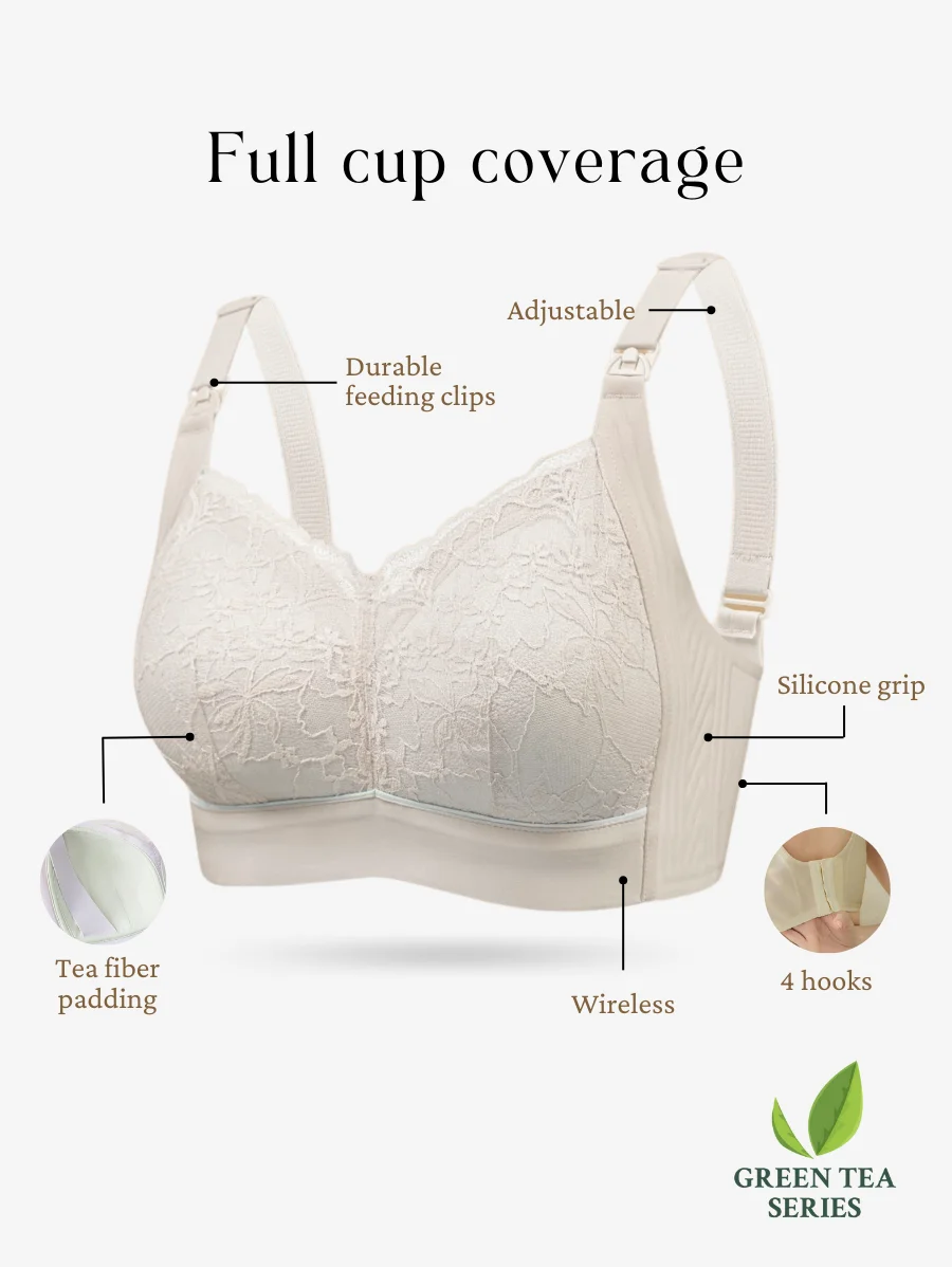 Plus Size Green Tea Silicon Grip Open Nursing Bra XL Cup Solid Pattern Natural Padding Lace Bikini Panties Maternity Feature