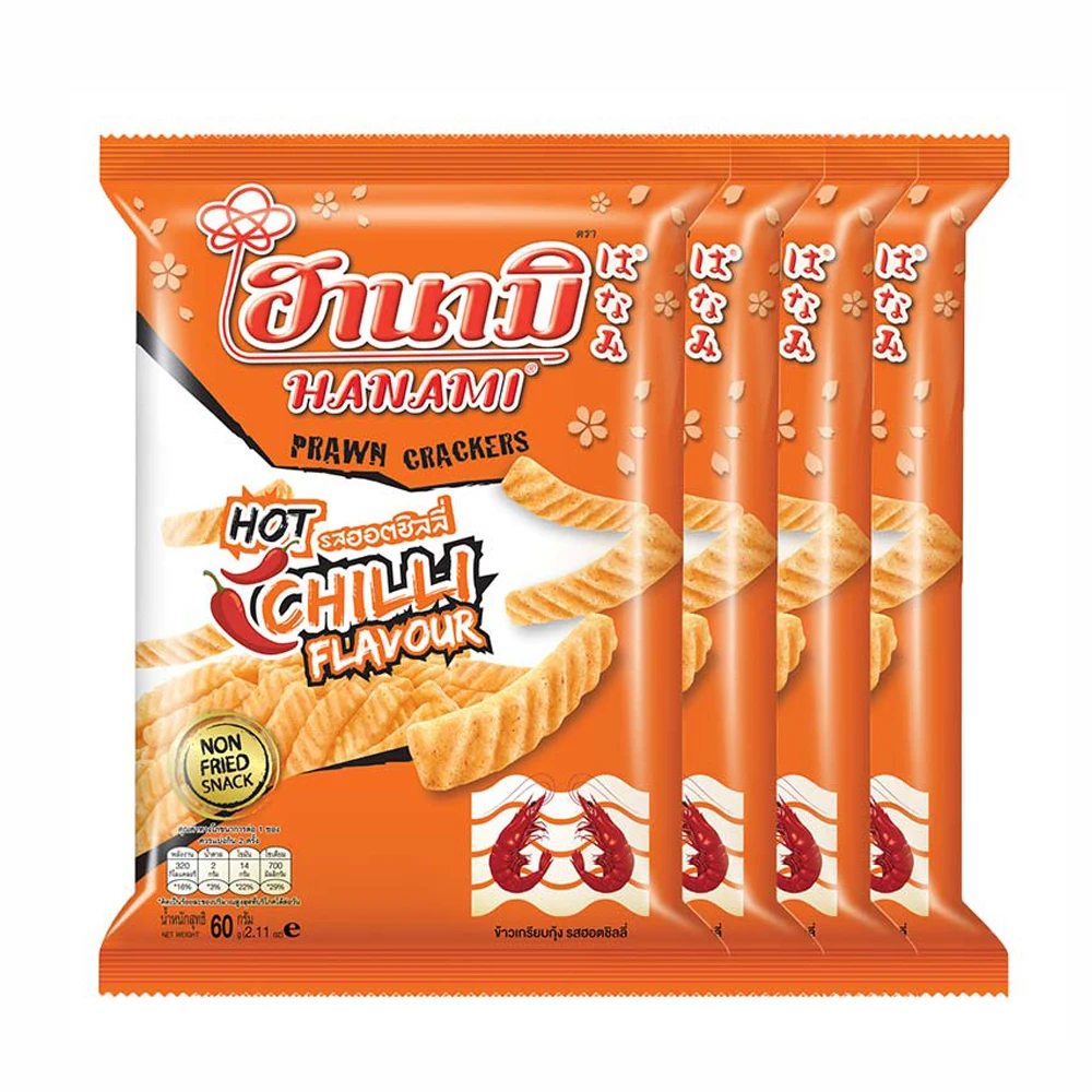 Wheat with Prawn Cracker Chili Flavor HANAMI Brand Bags Packaging Bangkok Thailand 60g Grain Snacks for Adults from Thailand