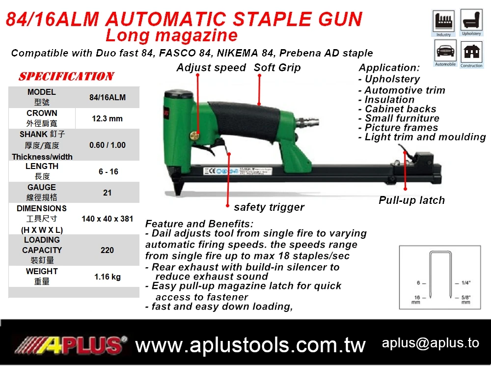 APLUS 84/16ALM AUTOMATIC AIR STAPLE GUN REAR EXHAUST DOUBLE TRIGGER 84 TYPE