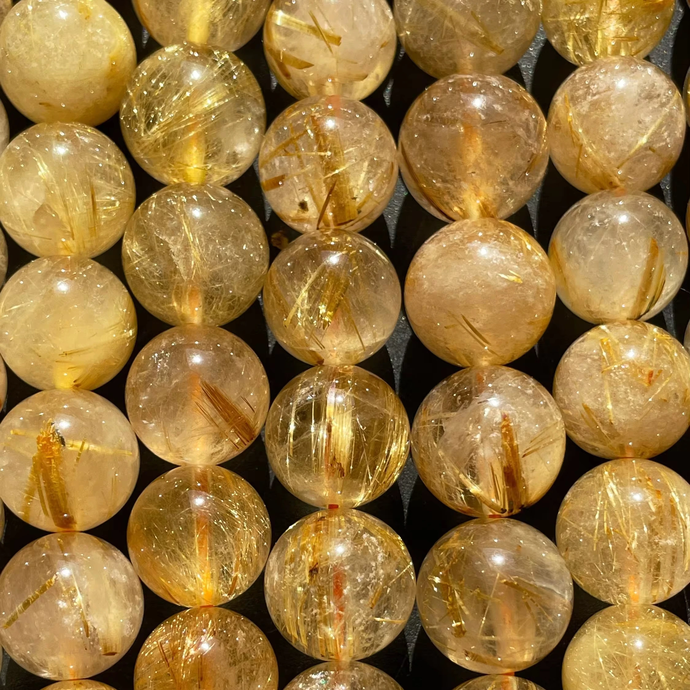 AA+ Guide Natural Gold Rutilated Quartz Round Shape Beads Natural Golden Yellow Color Gemstone Loose Beads For Jewelry Making