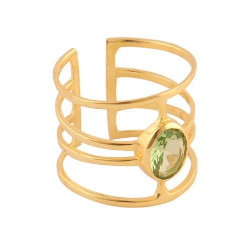 Newest collection lite green amethyst quartz statement ring designer four layered gold plated adjustable party wear woman ring