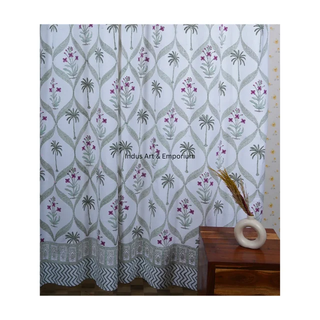 Wholesale hand block printed cotton window curtain drapes balcony bedroom window valance treatment blinds