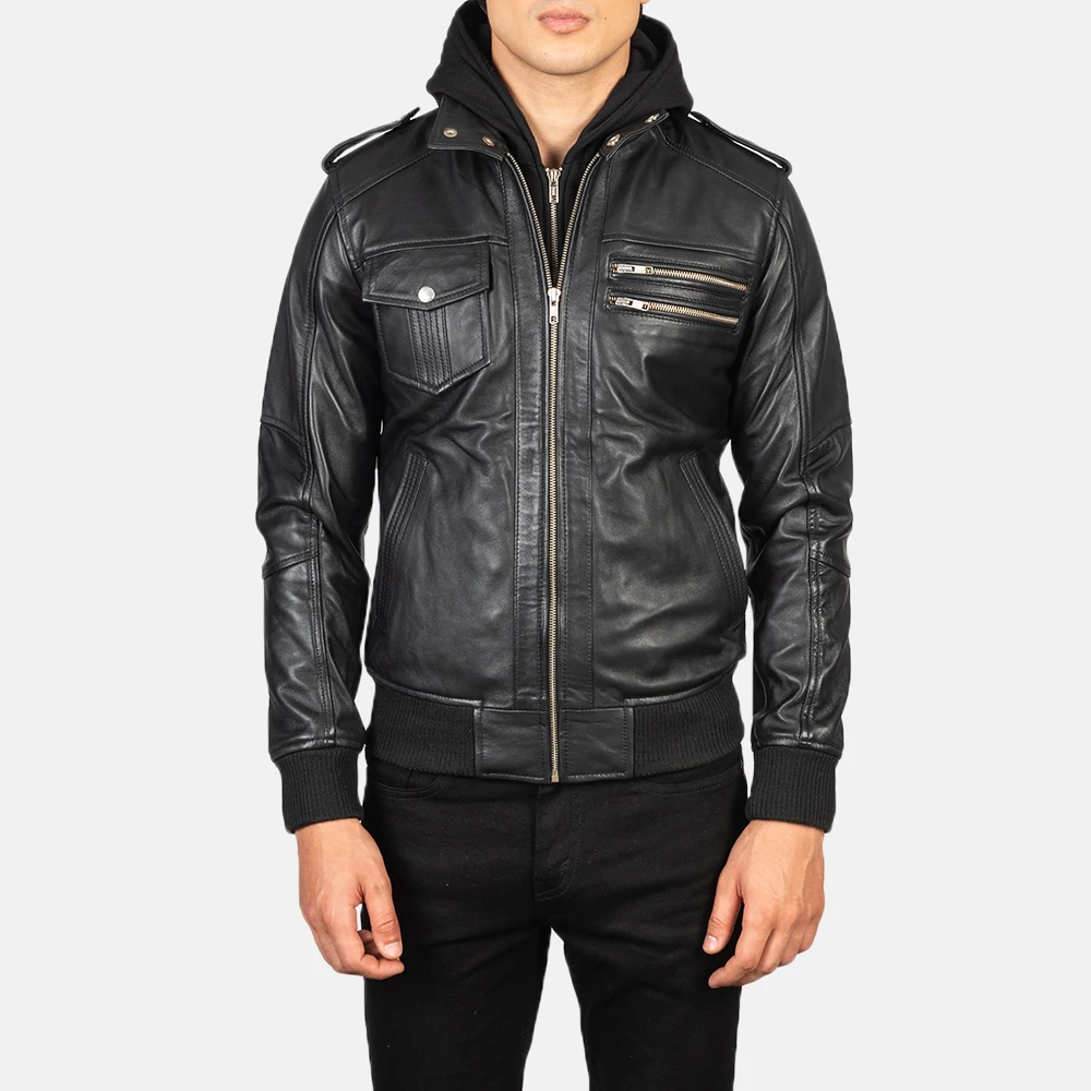 Fully Comfortable High Neck Black Hooded Leather Bomber Jacket Removable Fabric Hood Semi-aniline Real Sheepskin Leather