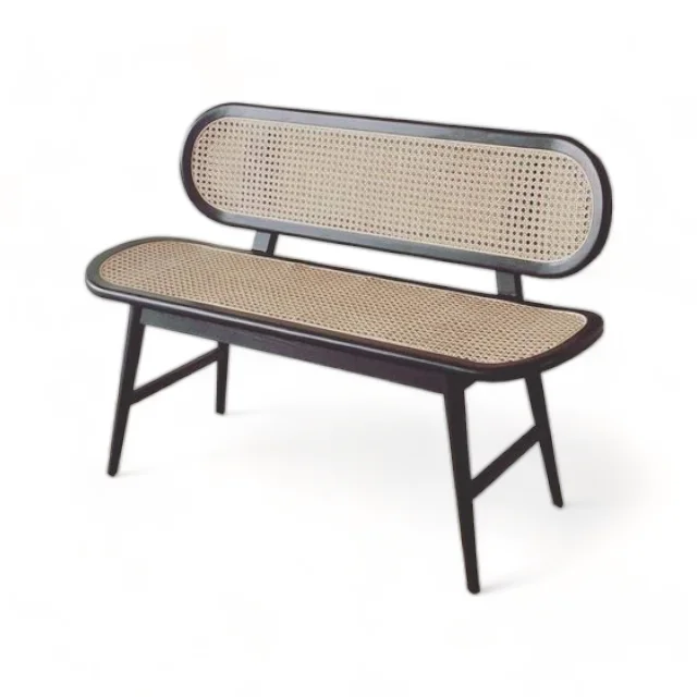 Nordic Living Room Cane Backrest Bench from Natural Teak Wood Frame Vintage Rattan Dining Bench for Home Hotel Apartment Villa