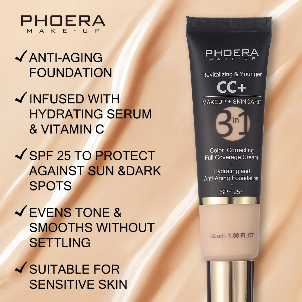 PHOERA Liquid Foundation Correcting Color Cream Foundation Anti-Aging Serum CC Foundation