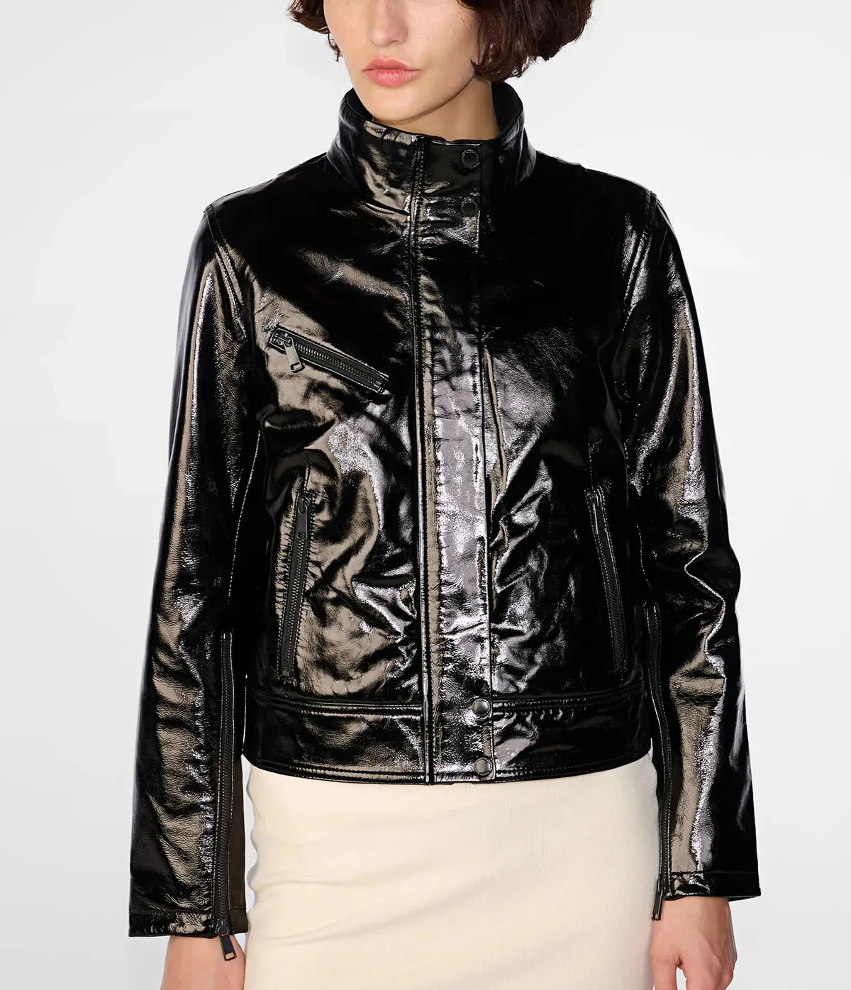 Black Shine Cropped Real Lambskin Racer Biker Style Leather Women Jacket with Stand Collar
