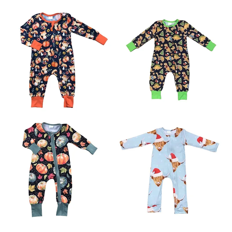 Wholesale children clothing Bamboo fiber Thanksgiving pumpkin Fox Mushroom long sleeve invisible zipper romper