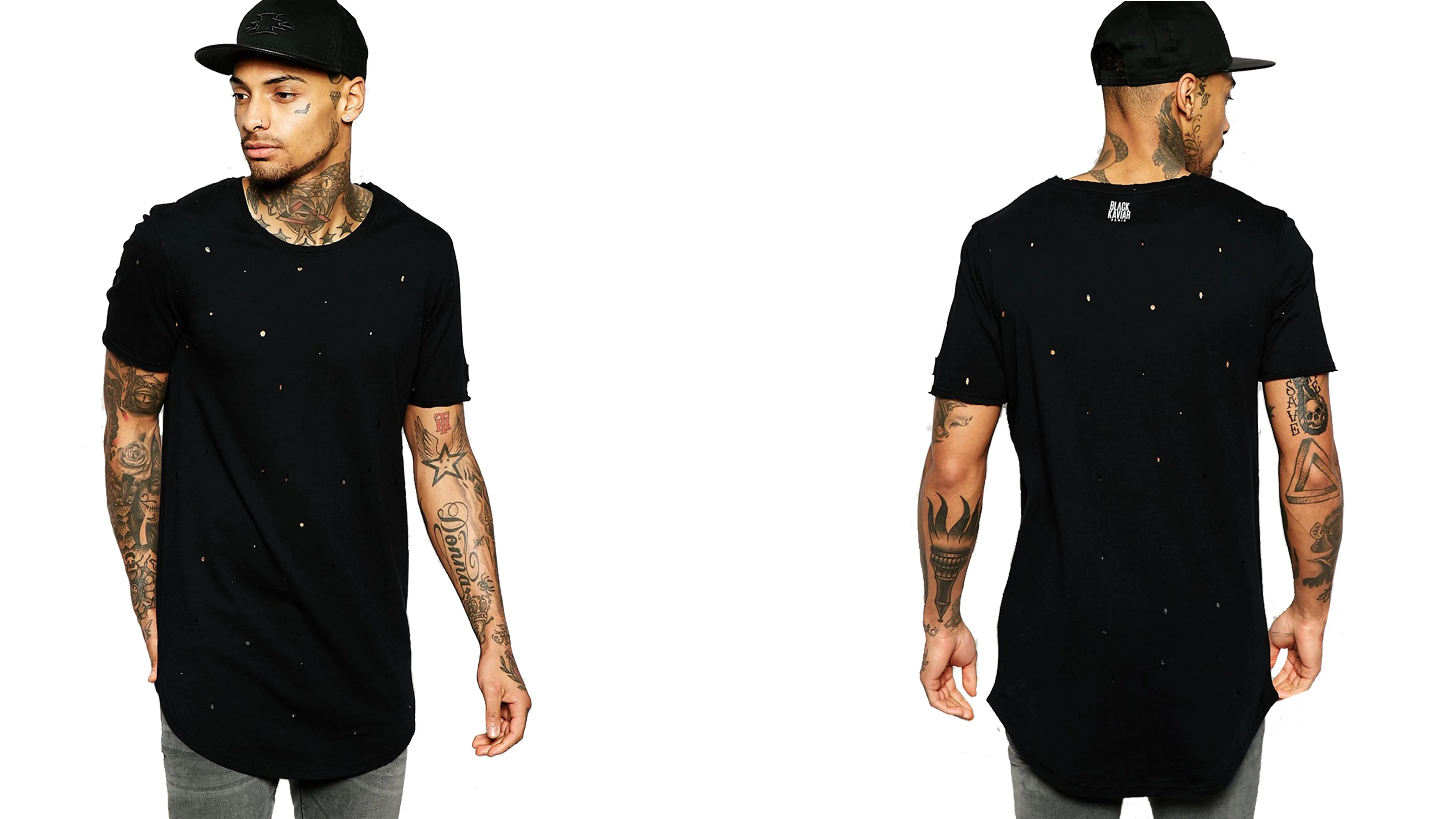 Customized regular fit baseball collar zip placket curved hem long line men t shirt with distressing embroidered tee