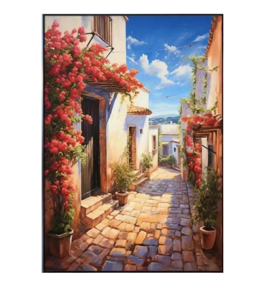 Original 100% Real Hand Painted on Canvas , Mediterranean Cottages Landscape Village Oil Painting, for Home Decoration, Gifts