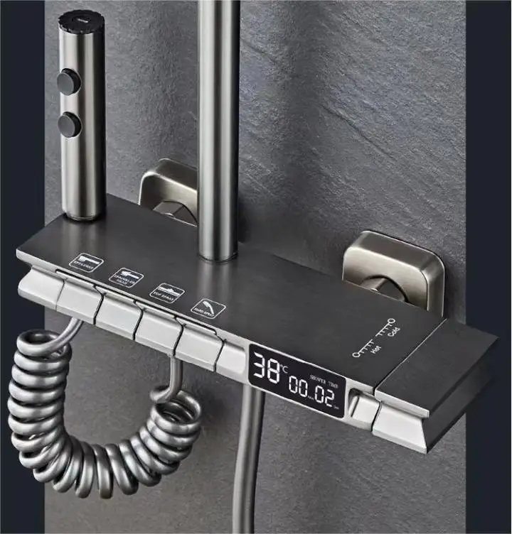 Wholesale Wall Mounted Hot & Cold Mixer Faucet Rain 4 Functions Digital Display Bathroom Shower Sets
