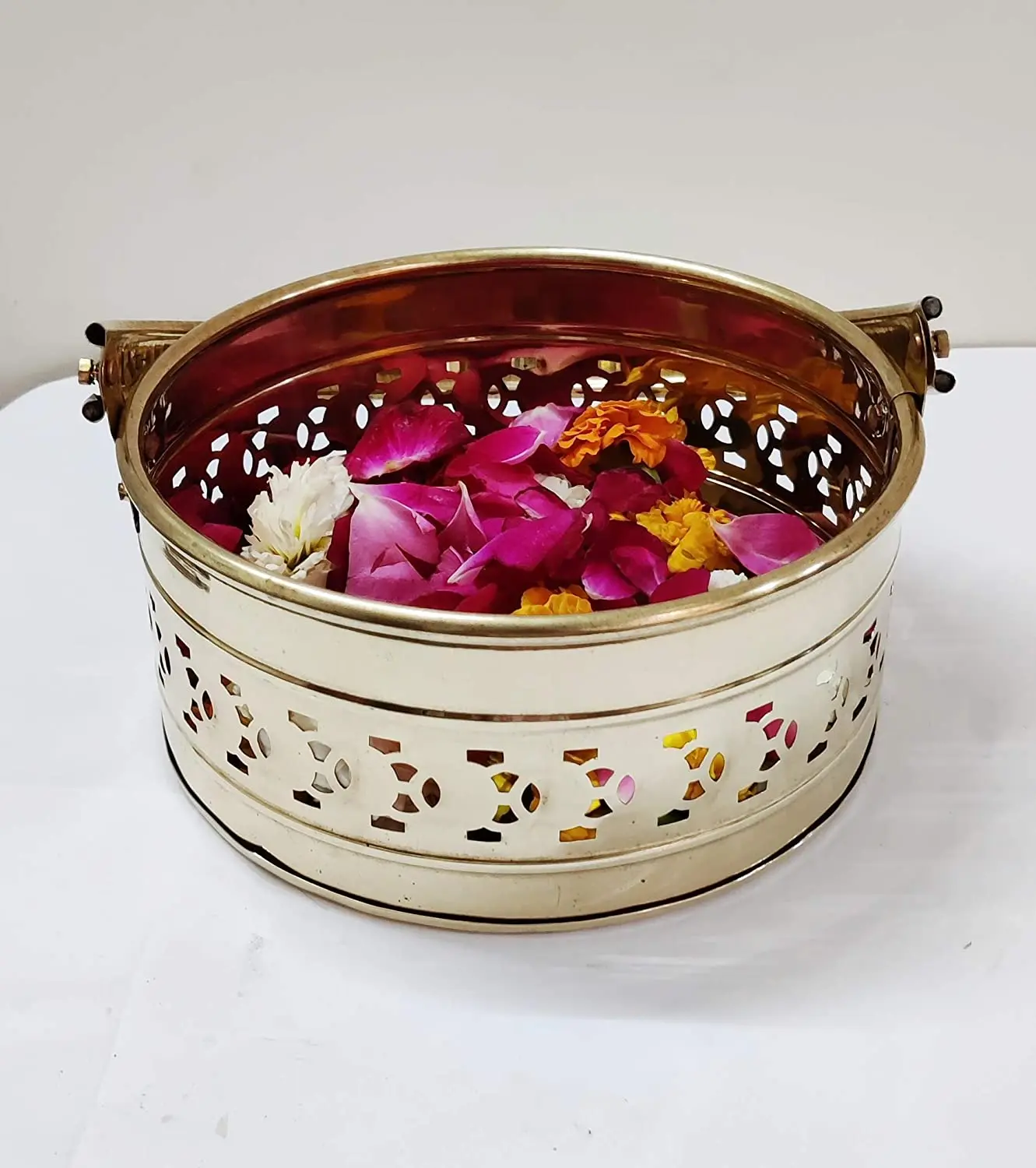 Round Shape puja Flower Basket Brass 7 inch handmade By Adiba Home Decor
