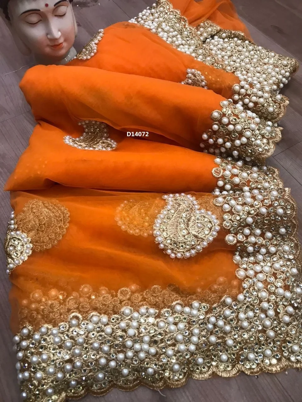 Hot selling designer embroidered net silk flower design Indian ladies wear blue color saree with blouse piece pearl work sari