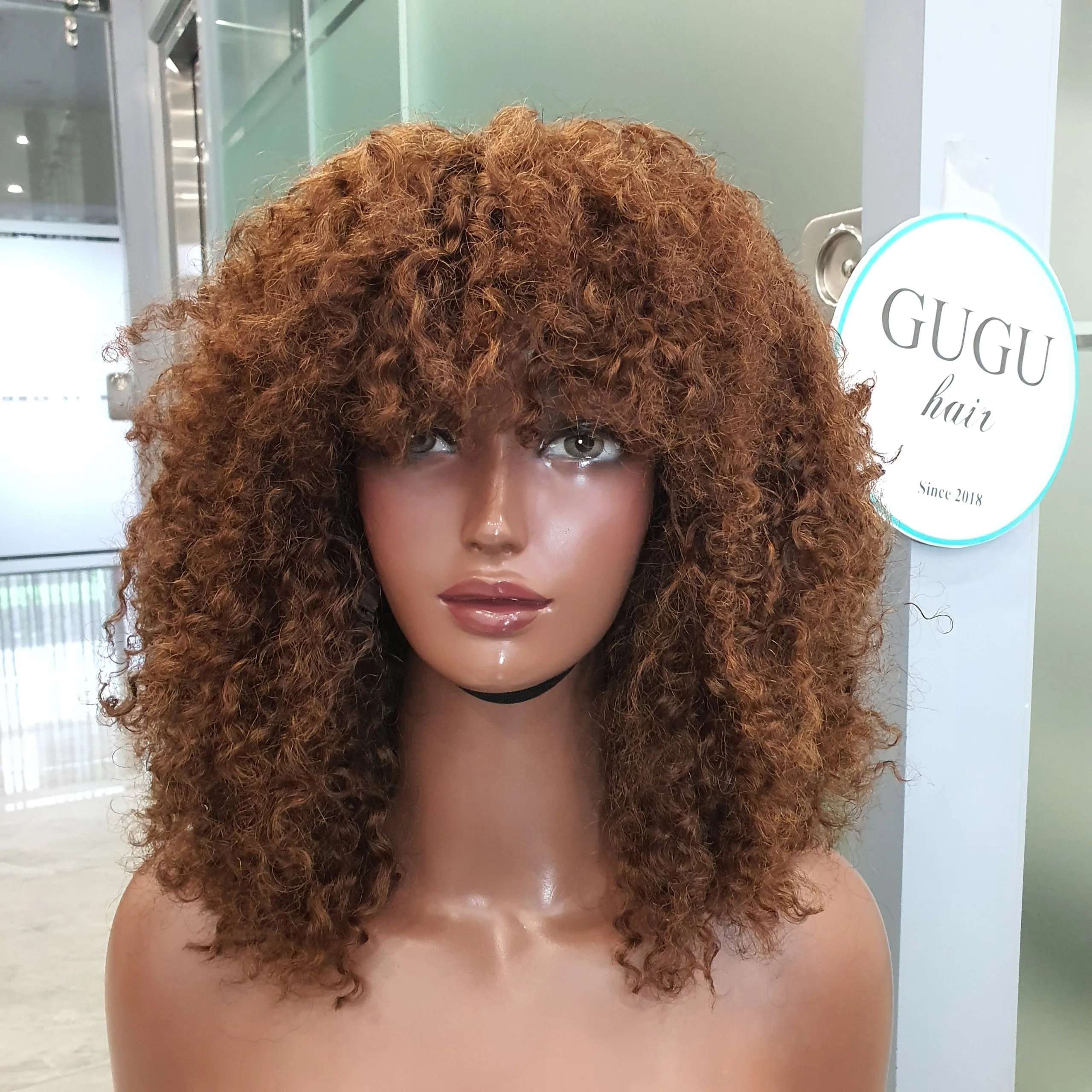 Wig Closure wig Bang New Curly Texture Trendy Virgin hair Colored 16 inch Human Hair Wigs Women Wholesale Vietnamese Virgin Hair