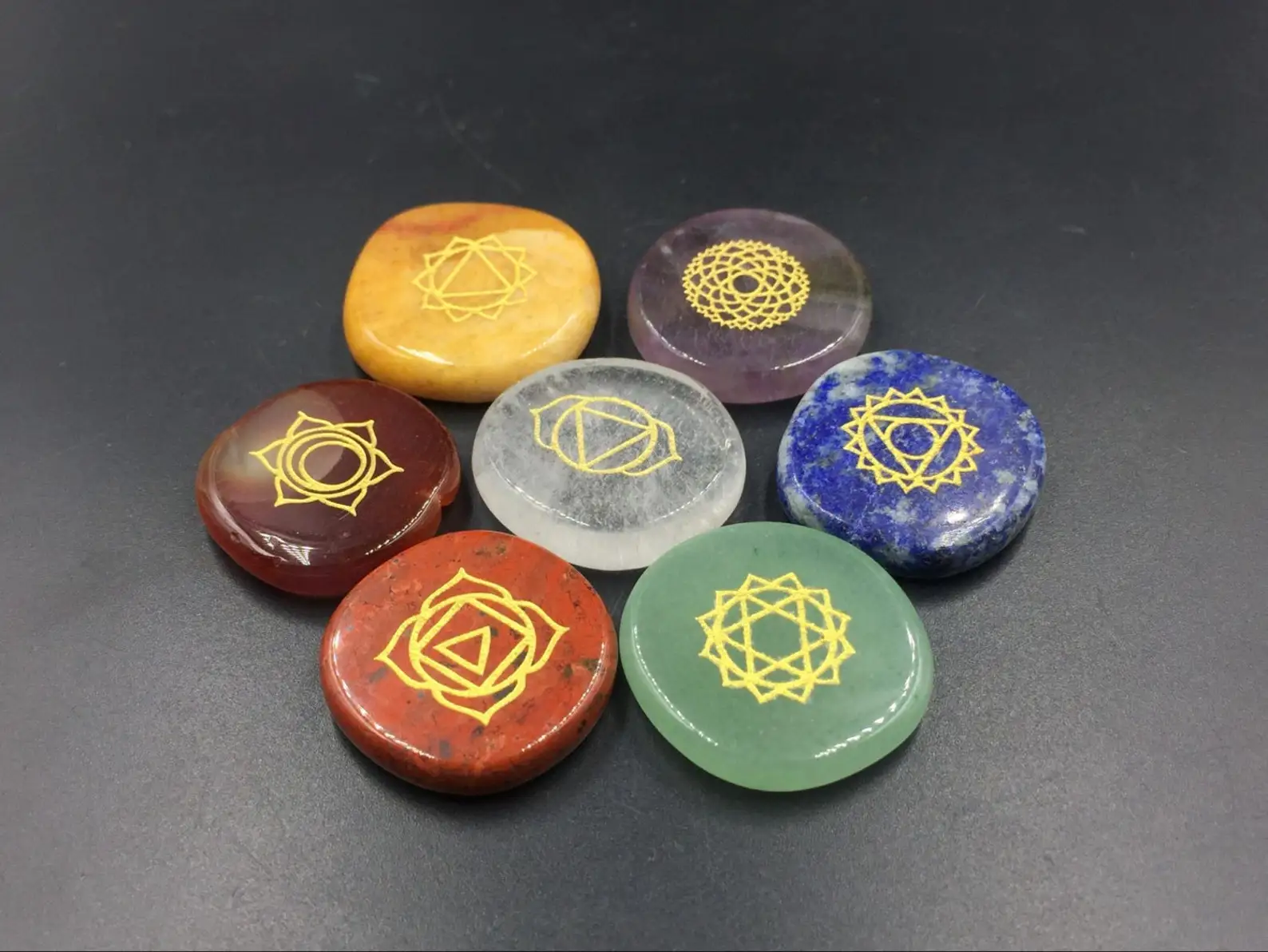 ROUND PALMSTONE SEVEN CHAKRA HEALING SET ENGRAVED AND CARVED WITH WOODEN BOX SET / CHAKRA STONE MEDITATION BOX / PALM STONE BOX