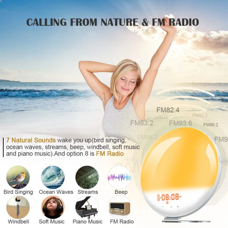 Magic Lamp With 7 Colors Led Mood Lights And 7 Natural Sounds And Fm Radio Clock, Wake Up Light With Snooze Function And Timer