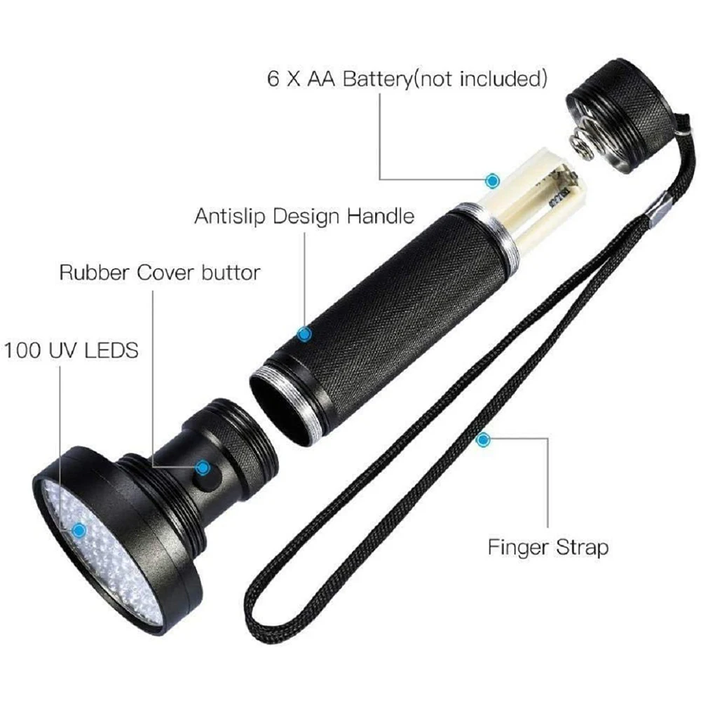 18W 395nm UV Black Light Torch Pet Urine Scorpion Detectors 100 UV LED Flashlight