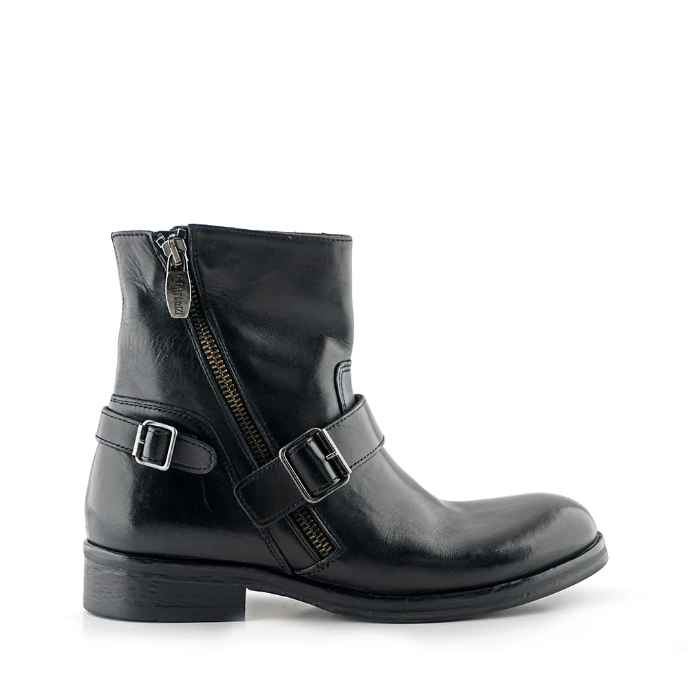 HIGH QUALITY YOUNG HANDMADE POLISH BLACK LEATHER MID BOOTS WITH TWO ZIP, TWO BUCKLES WALKING WOMAN BOOTS MADE IN ITALY