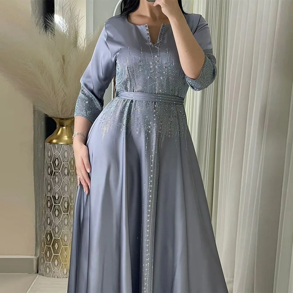 2442 Kuwii Middle Eastern Muslim Satindress Hot Diamond Dinner Robe Gulf Abaya Luxury Dubai Abaya 2024