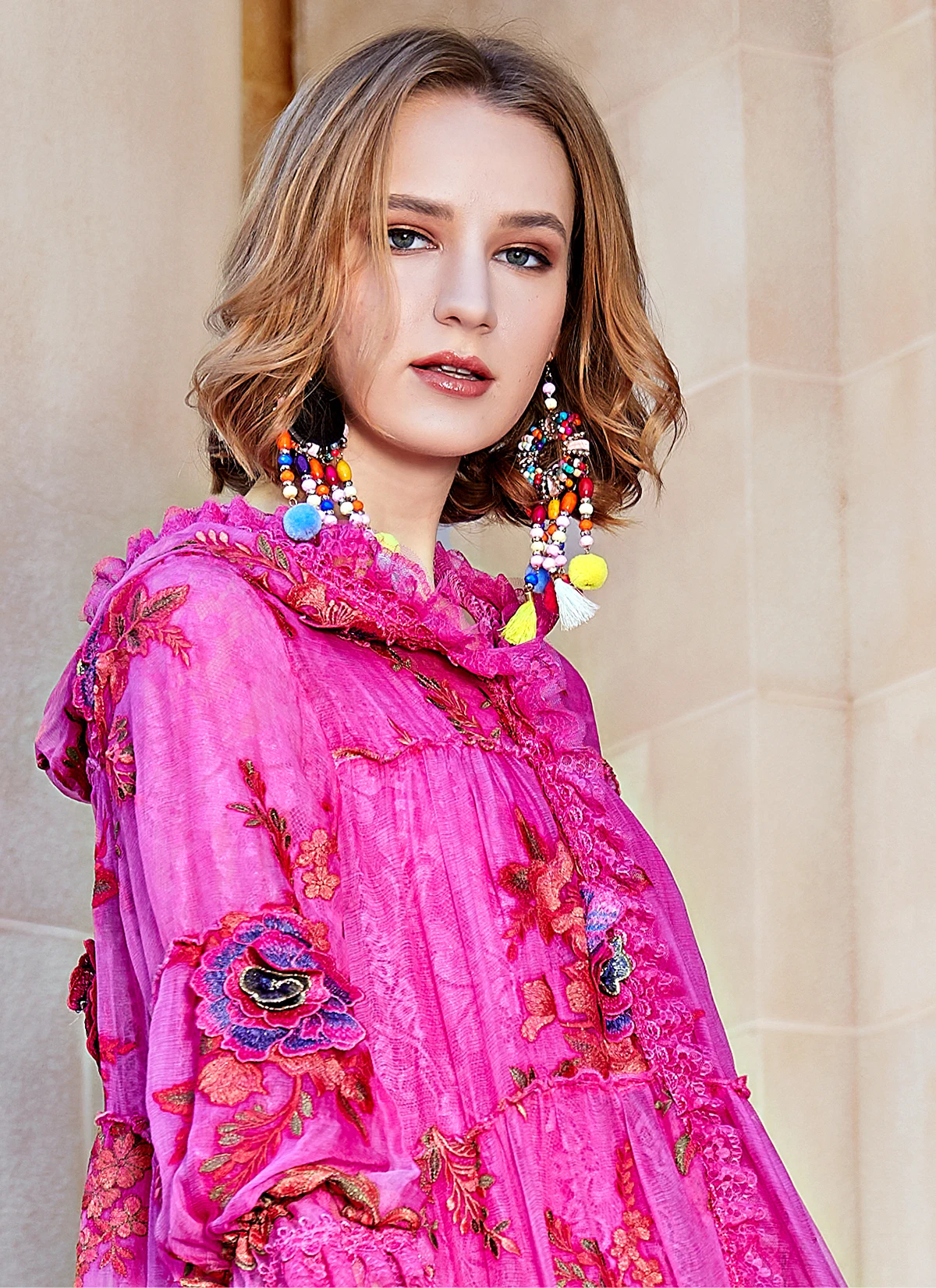 Оптовая продажа итальянский дизайн последняя коллекция с вышитыми весенними цветами розового цвета для женщин и