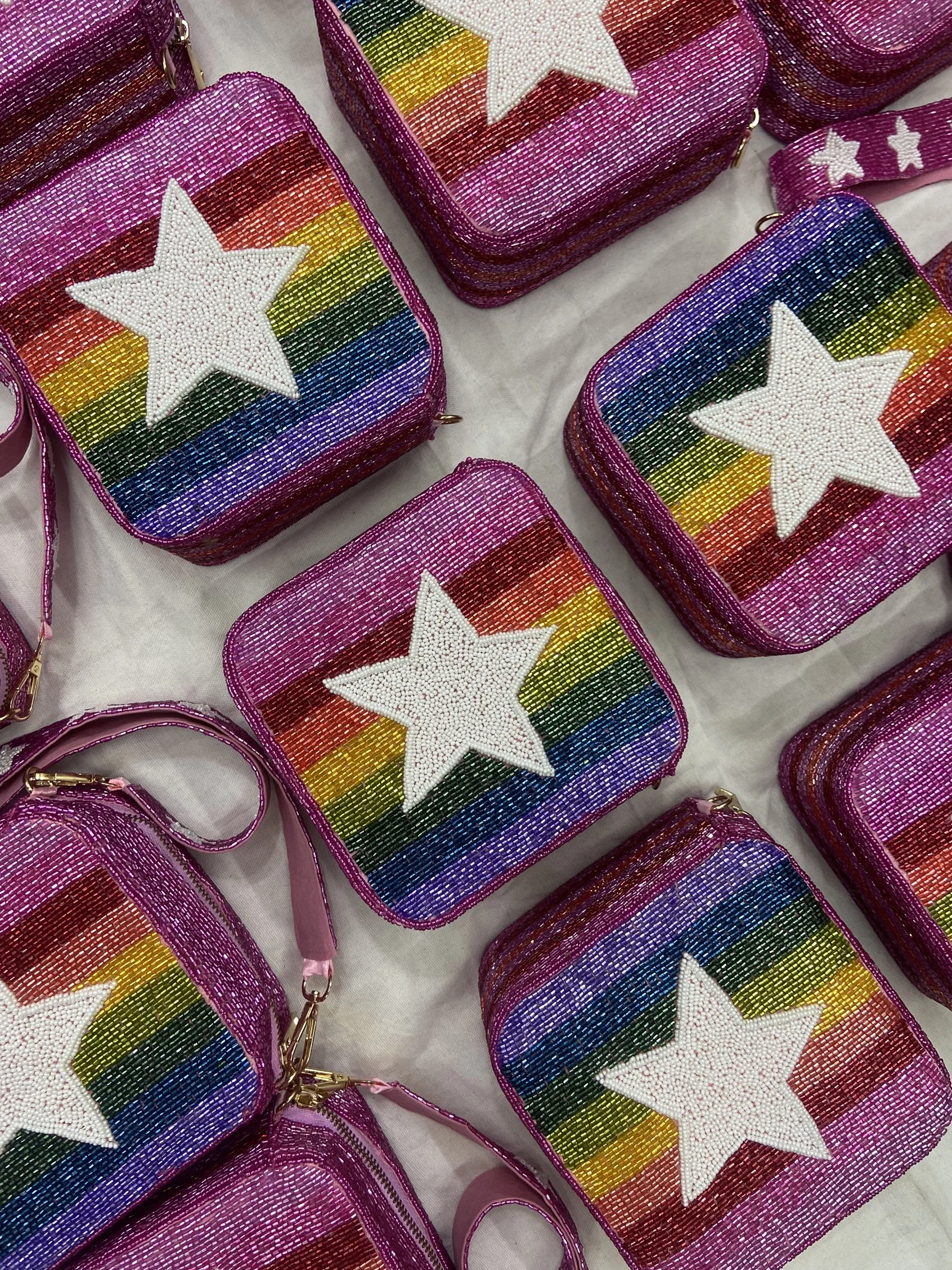 Latest Designer Woop Beaded Star Strap Box Handbag Customized Sizes Cross Body Purses for Ladies Black & White Fashion India