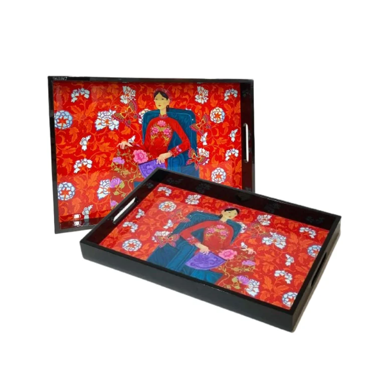 Lacquer Tray Asian Woman With Fan In Red Ao Dai Hand Painted Handicraft Decorative Luxury Custom Size From Vietnam Manufacturer