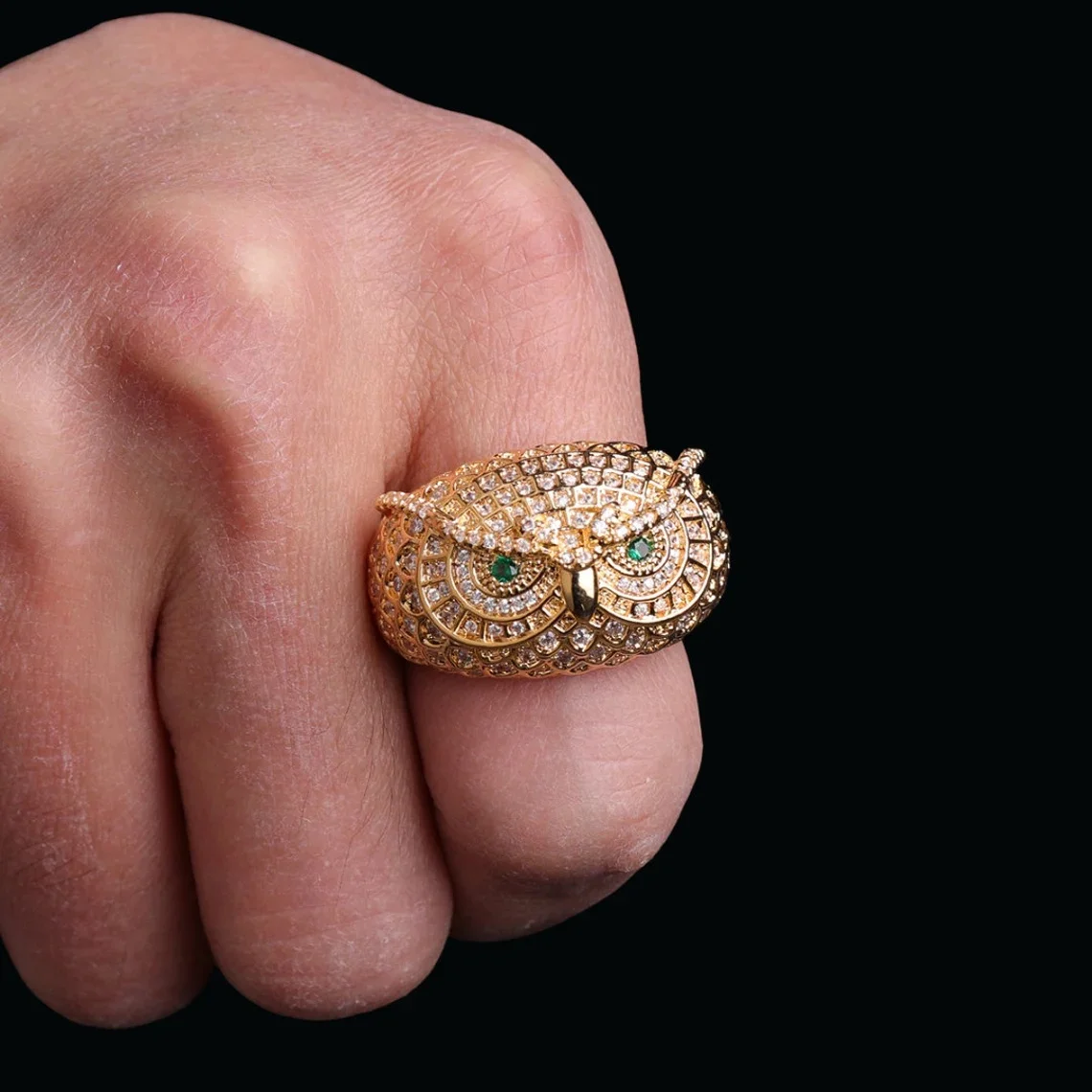 Owl Edition Design Awarded Iced Out Ring Hip Hop Jewelry Unisex Sizes Ring Base 18k Gold Plated 2 Mircons Baguett