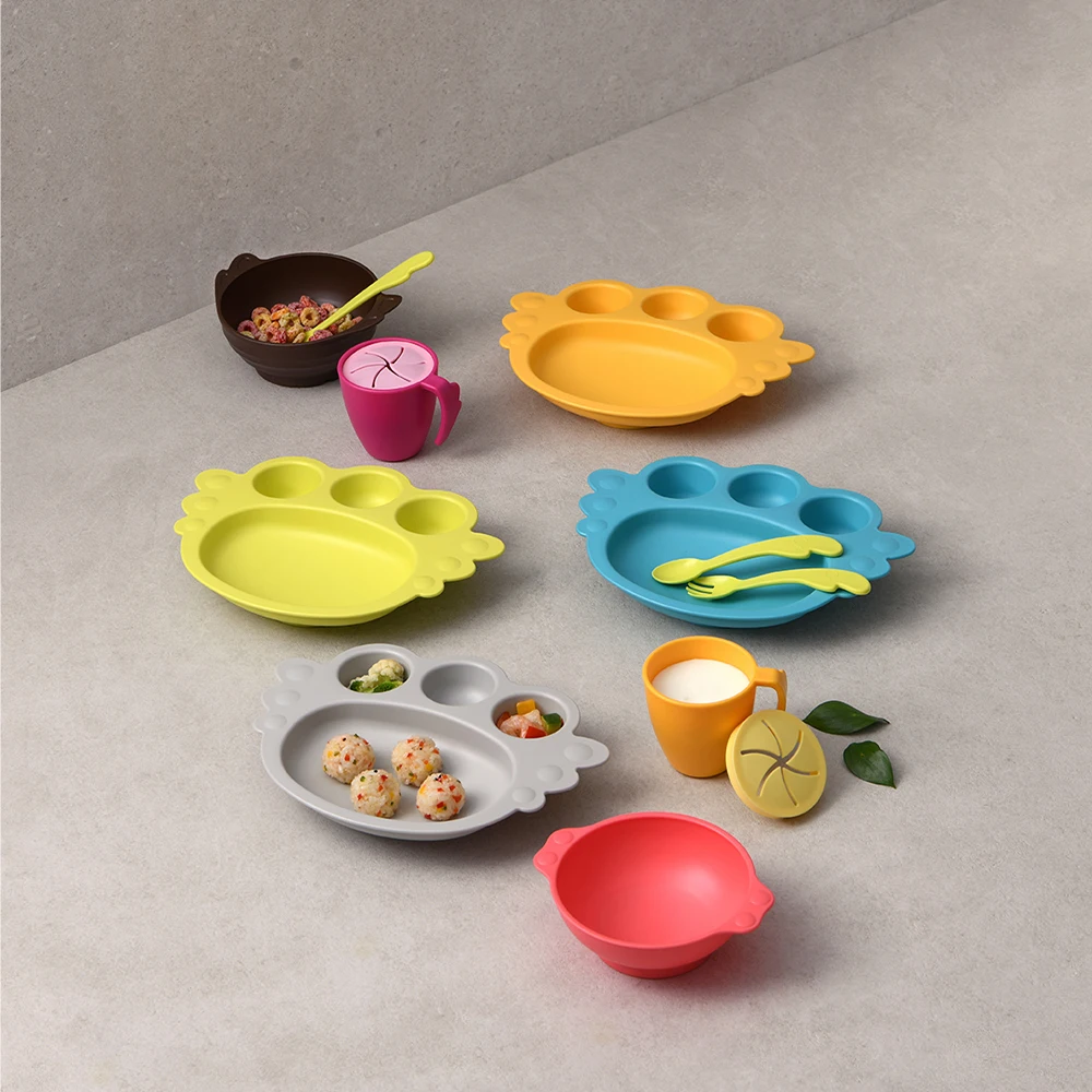 BPA free New Design Coconut material tableware bibs plate suction dish bowl feeding spoon baby eating set