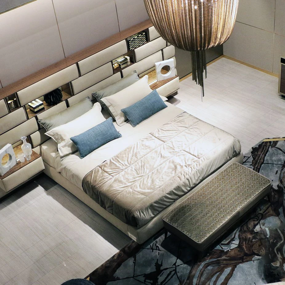 Hotel bedroom furniture set italian leather king size bed classic modern couple luxury beds
