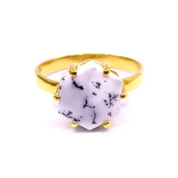 Sterling Silver 925 Fashionable and Pure Gold Plated Hexagon Dendrite Opal Precious Gemstones Rings. Trendy and Charm Rings