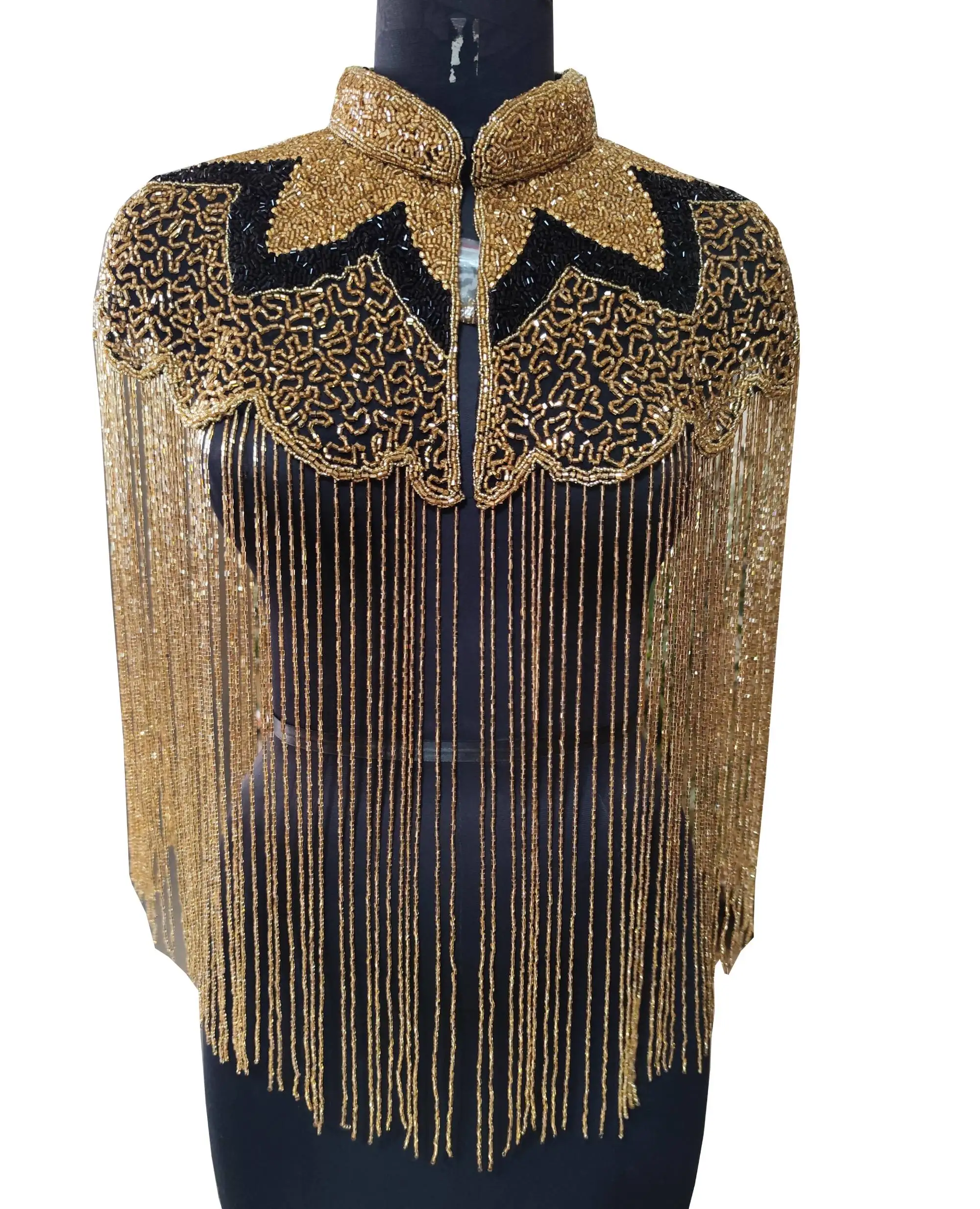 2024 New Luxurious Shiny Long Fringe Hand Beaded Sequins Gold Prom Party Women Evening Top Poncho