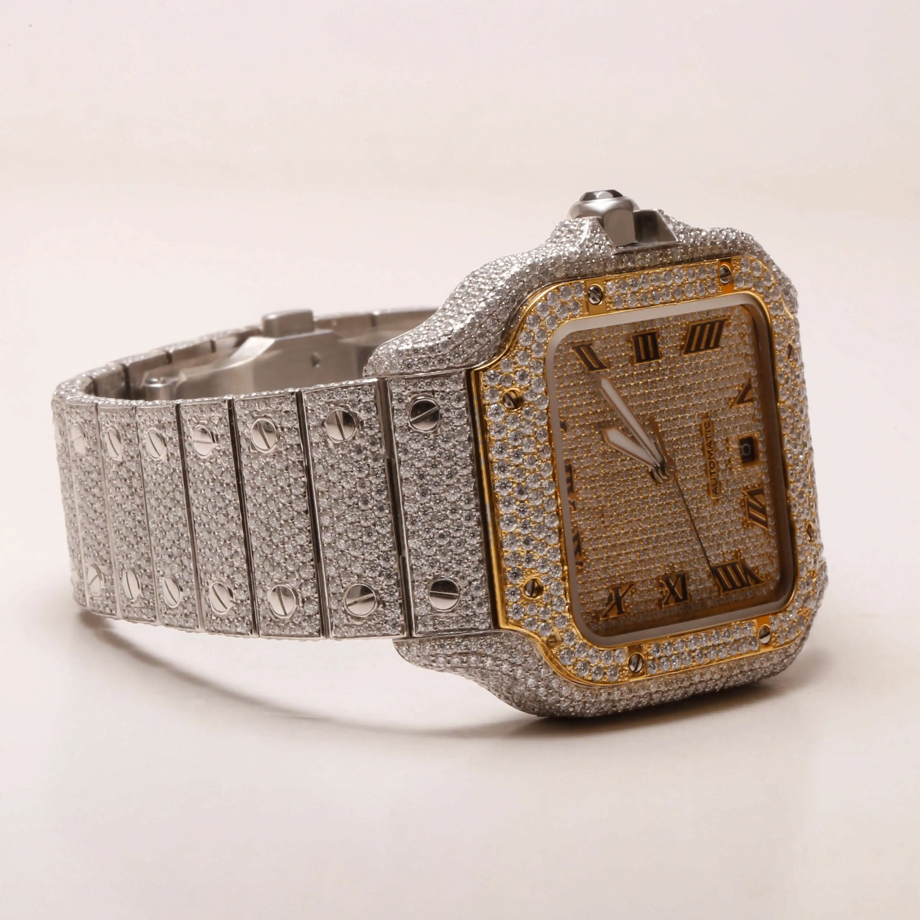 Tester Passed Big Dial Mechanical Belt Iced Out Unisex Bezel Silver Custom Logo with Box Moissanite Bling Diamond Wrist Watch