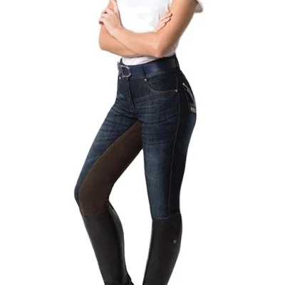 2023 Equestrian denim breeches Clothing Wholesale Thick Silicone Custom horse riding denim pant Logo Horse Riding Breeches