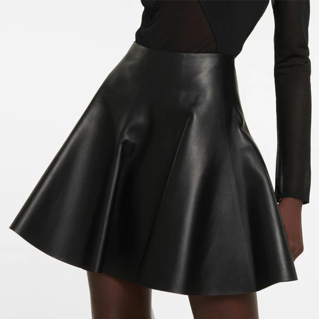 Spring Autumn Women Black 100% Leather  Cotton Skirts High Waist Club Line Solid Color Mini Skirts Plus Size Leather Skirt